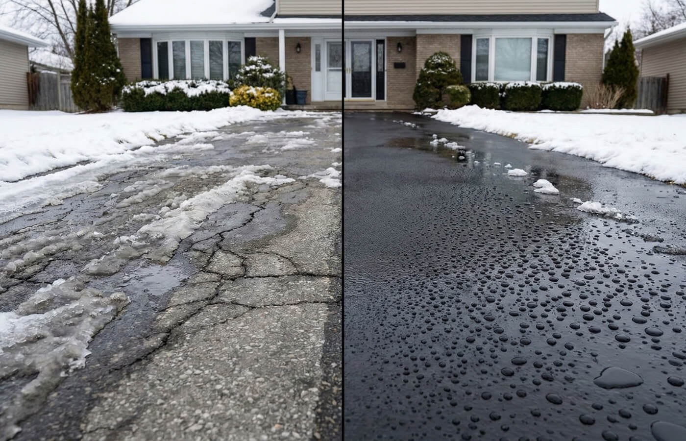 unsealed driveway with a freshly sealed surface preventing Ontario winter asphalt damage.