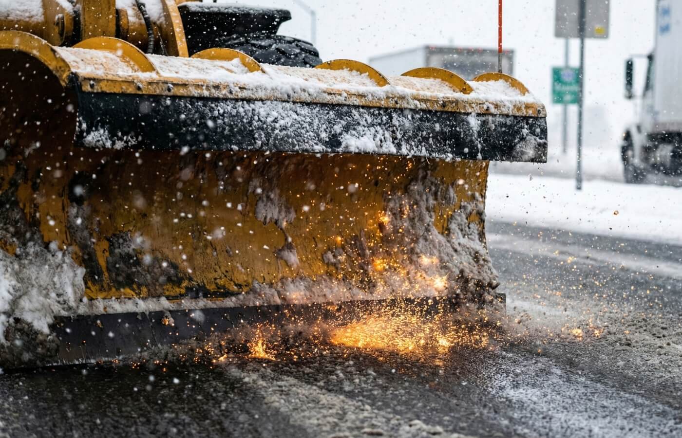 Metal snowplow scraping pavement contributing to Ontario winter asphalt damage